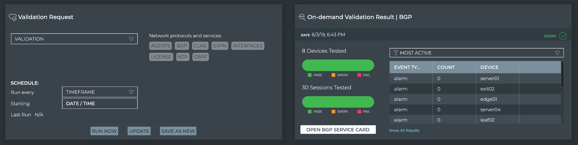 On-demand validation of a BGP fabric from the NetQ GUI