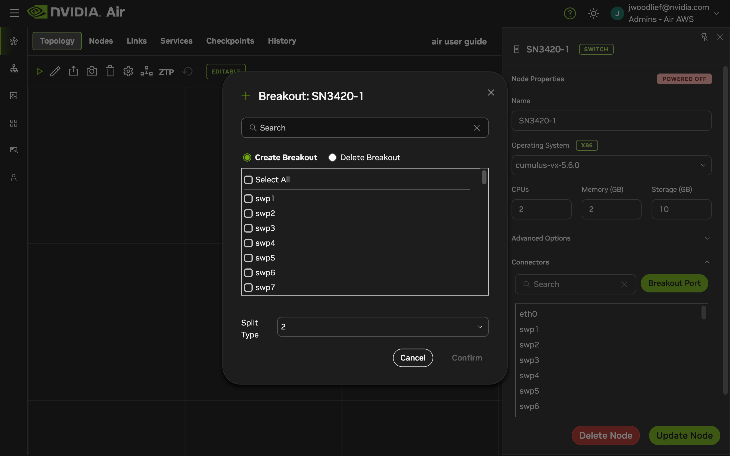 Breakout Port dialog showing port selection and split type