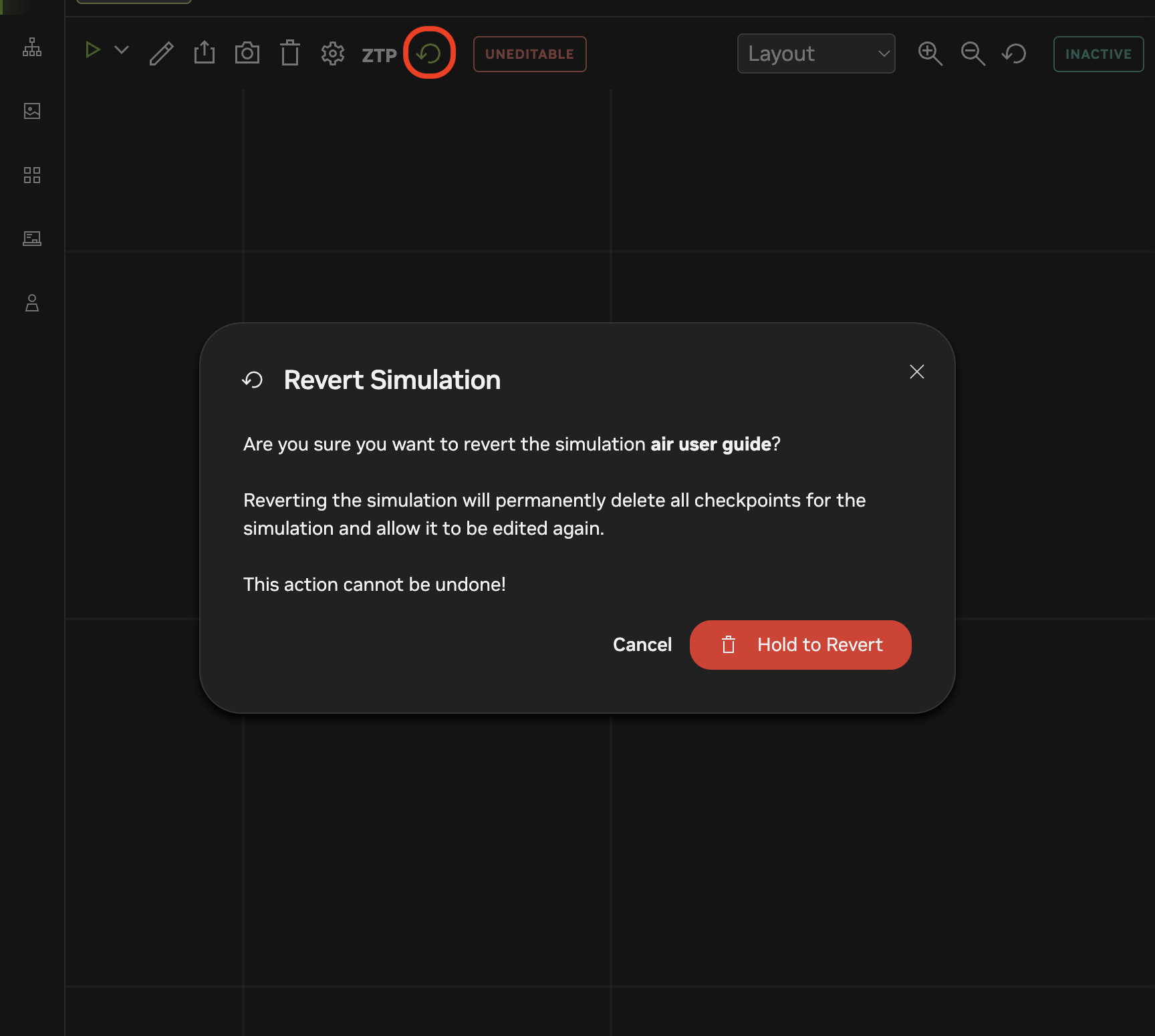 Revert icon in the simulation action bar and the Revert Simulation confirmation dialog