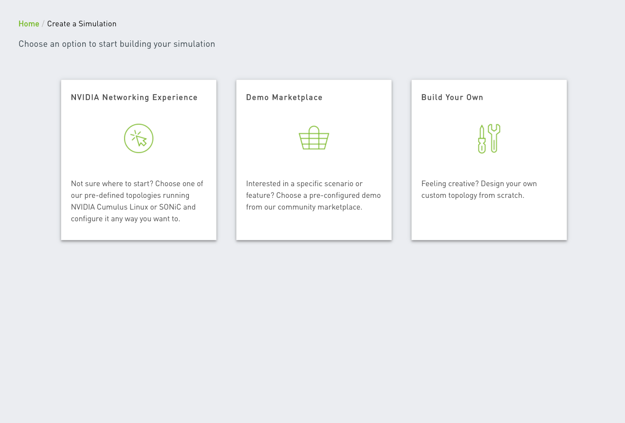 options to build a simulation from a pre-defined topology, a custom topology, or from the demo marketplace