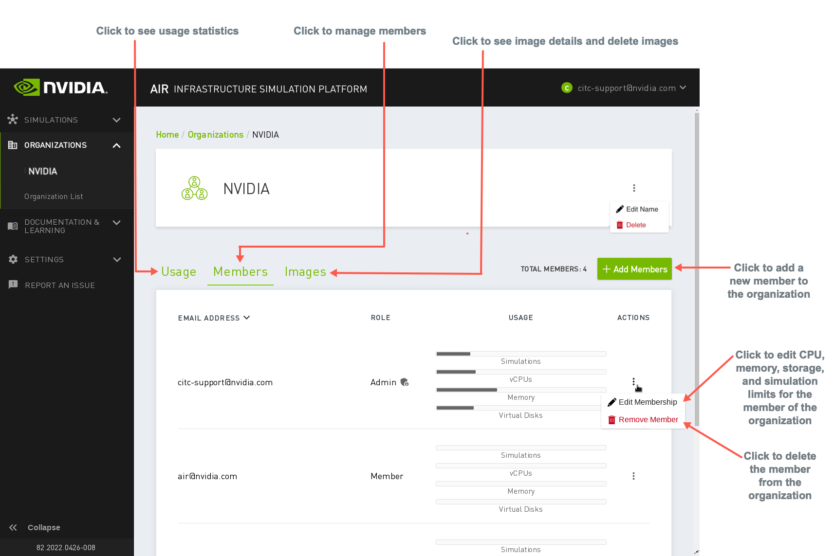 organizations dashboard with options to manage users and images