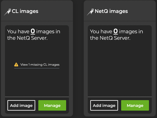 cumulus linux and netq image cards prompting the user to add an image
