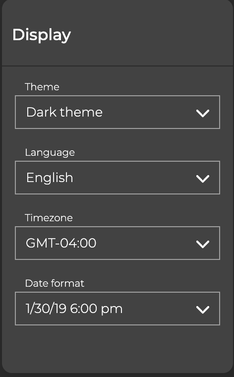 display card with fields specifying theme, language, time zone, and date format.