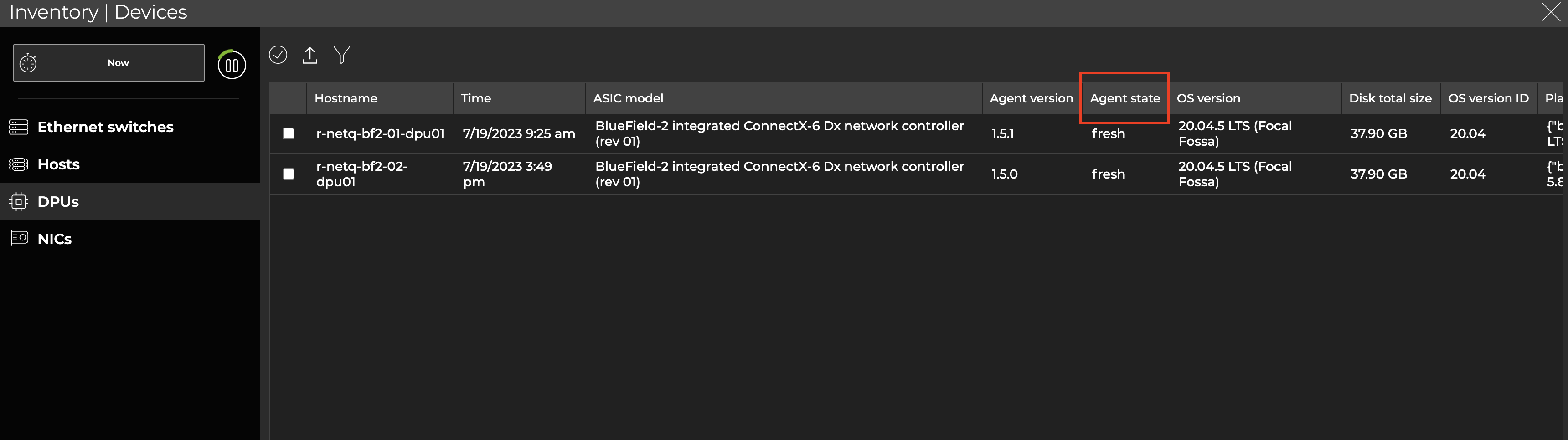 list of DPUs displaying a fresh agent