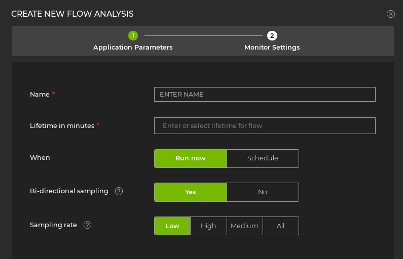 flow analysis wizard prompting user to enter sampling and scheduling information