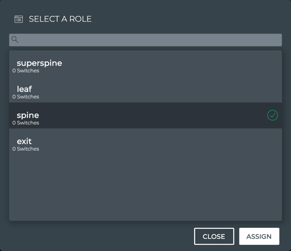 dialog showing role options including superspine, leaf, spine, and exit