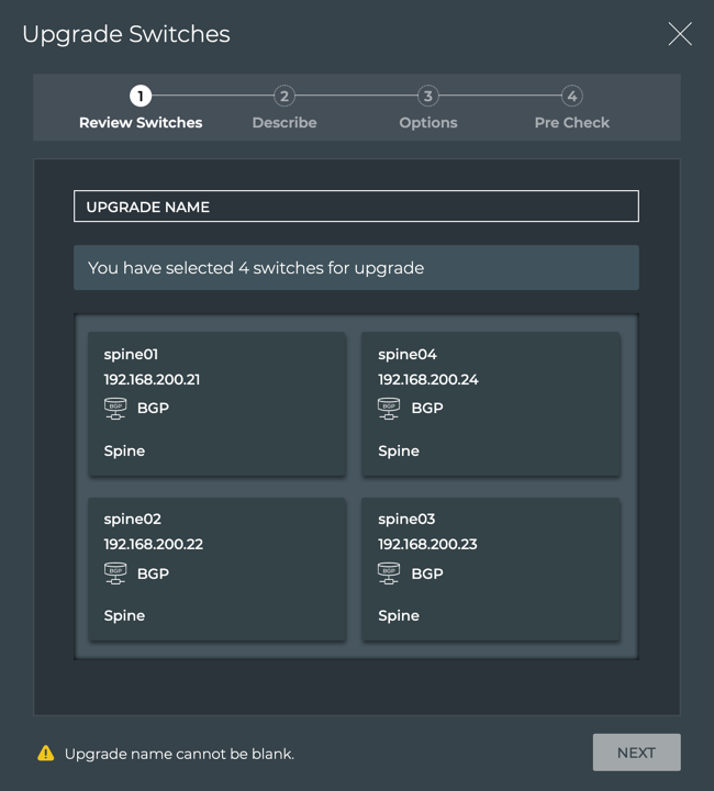 screen displaying 4 switches selected for upgrading