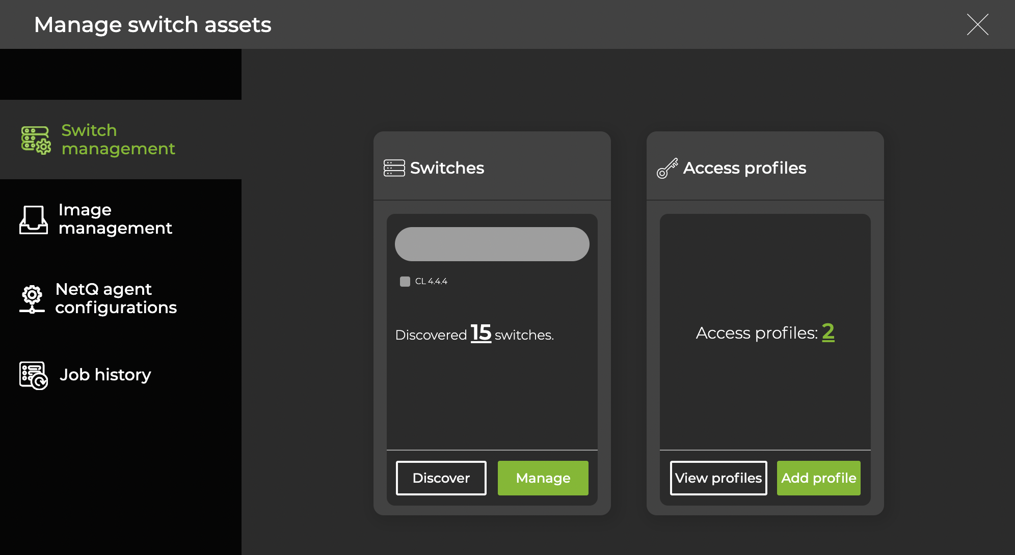 dashboard displaying switch management tab