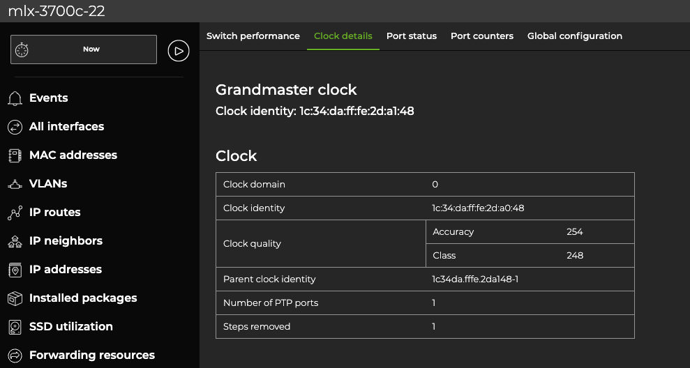 clock domain, identiy, port, and quality information for the grandmaster clock