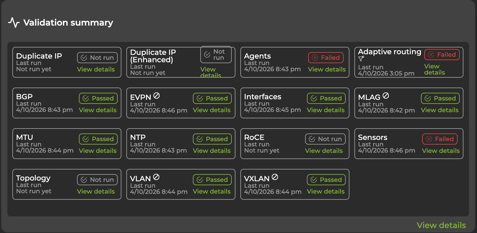 validation summary displaying network validation results